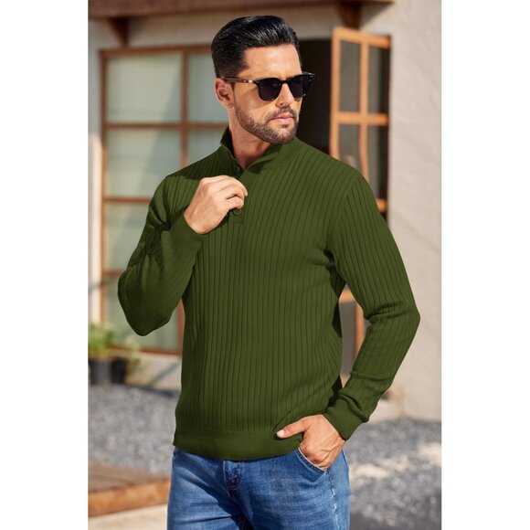 Men's Quarter Button Sweater Long Sleeve Stand Collar Sweater Knitted Army Green - Picture 3 of 5